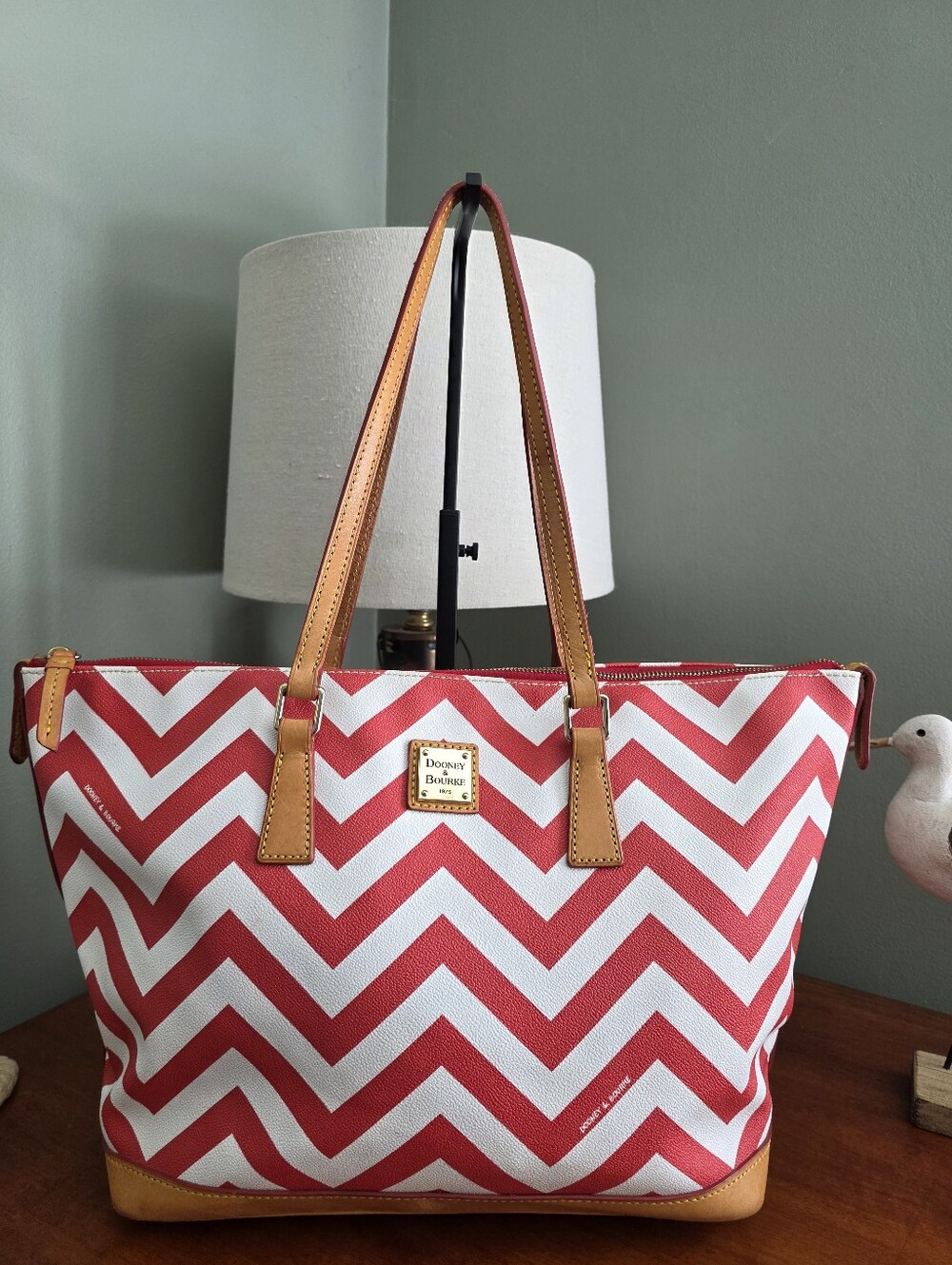 Dooney & Bourke Chevron Tote Red White Coated Canvas Tan Leather Bag Y2K